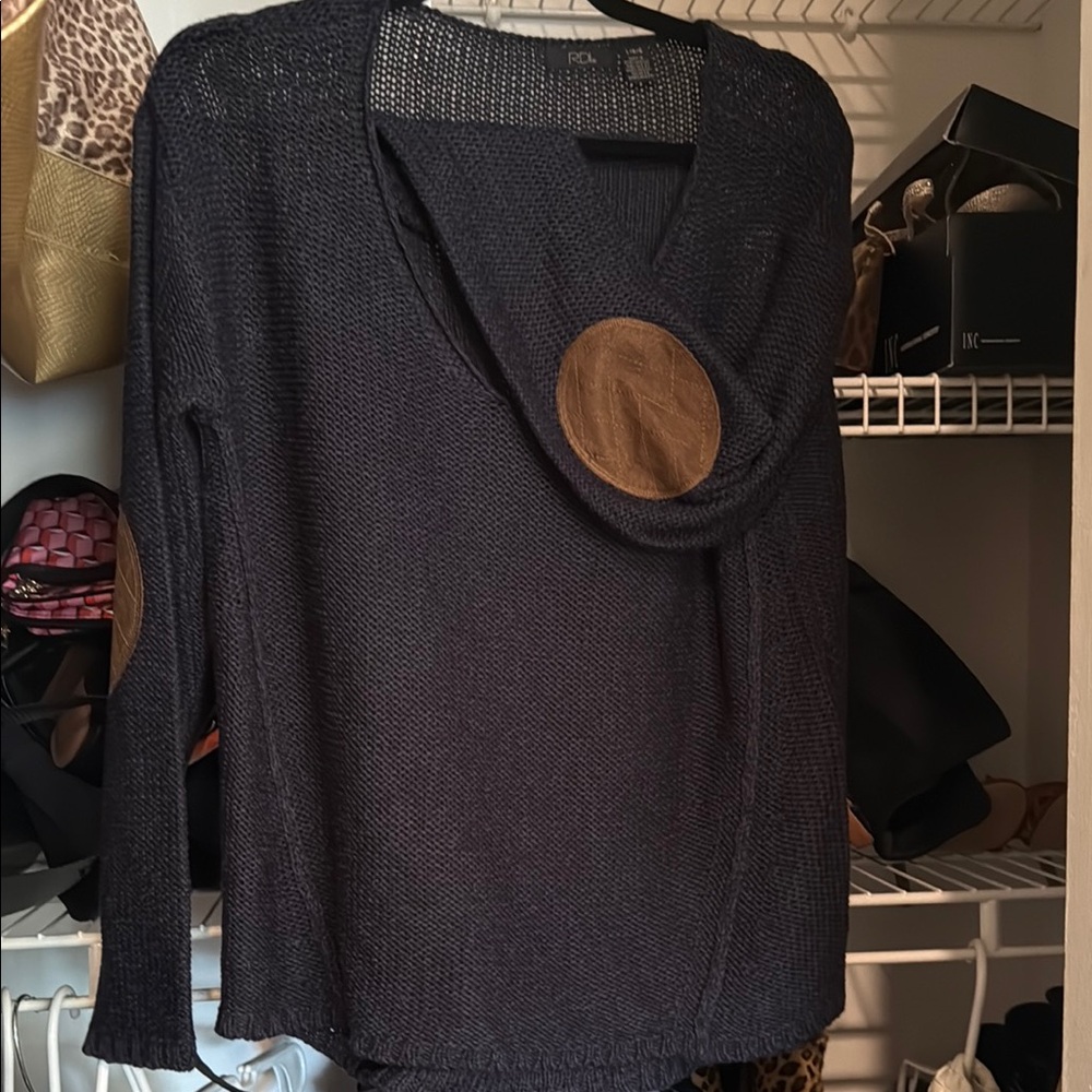 RDI Black V-Neck Sweater with Brown Elbow Patches